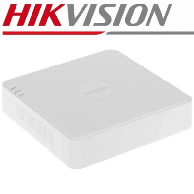 Hikvision logo above a small white rectangular network video recorder with ventilation slots.
