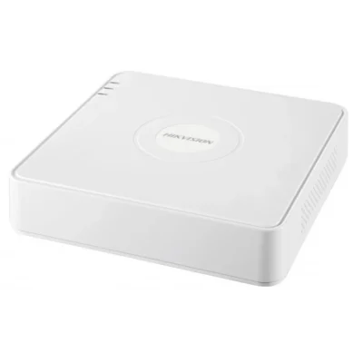 Top view of a compact white Hikvision network video recorder (NVR) with a circular logo on the lid