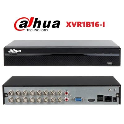 Dahua XVR1B16-I video recorder with front and back panels showing numerous BNC inputs, VGA output, USB ports, Ethernet, and power connectors
