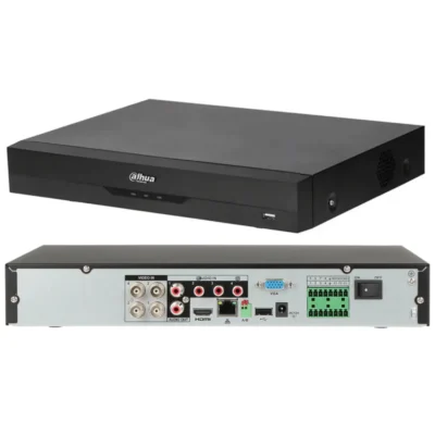 Front and rear view of a Dahua security DVR/NVR with multiple video inputs, HDMI/USB ports, VGA output, and a power switch for surveillance recording.