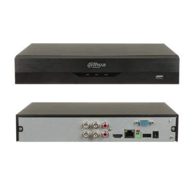 DVR/NVR infraestrutura: front panel with Dahua logo; back shows multiple BNC inputs, HDMI, VGA, Ethernet, audio, and power ports.
