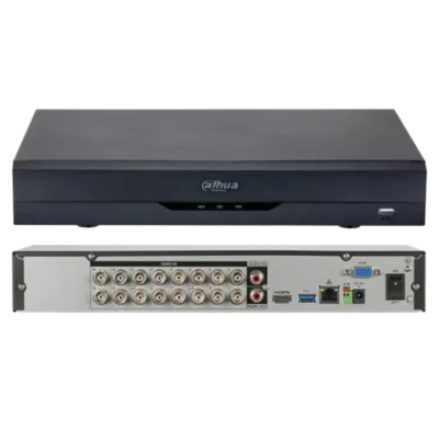 Dahua network video recorder with multiple BNC video inputs on the back panel, plus USB port and power switch (surveillance DVR).