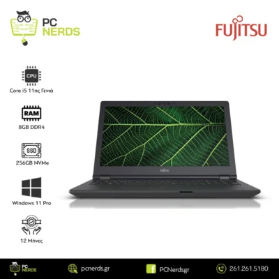 Fujitsu laptop advertisement showing specs: Core i5 11th Gen, 8GB DDR4 RAM, 256GB NVMe SSD, Windows 11 Pro, 12‑month warranty, with PC Nerds and Fujitsu logos.
