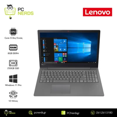 Lenovo laptop on an advert page with PC Nerds and Lenovo logos; specs listed: Core i5 8th Gen, 8GB RAM, 250GB SSD, Windows 11 Pro, 12 months warranty